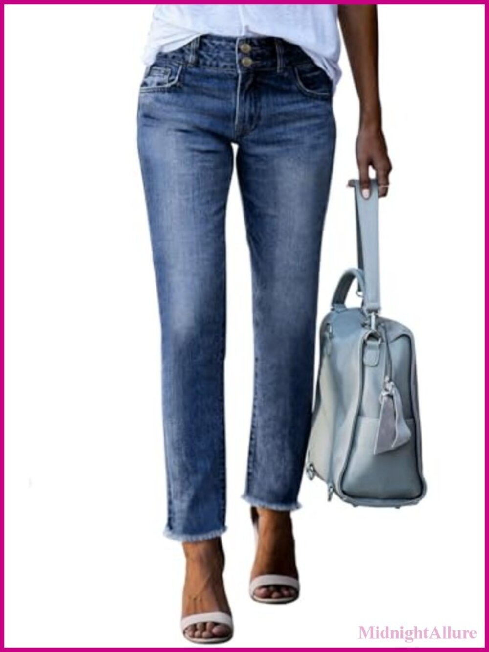 High Waisted Raw Hem Straight Leg Jeans Tummy Control Two-Button Fly